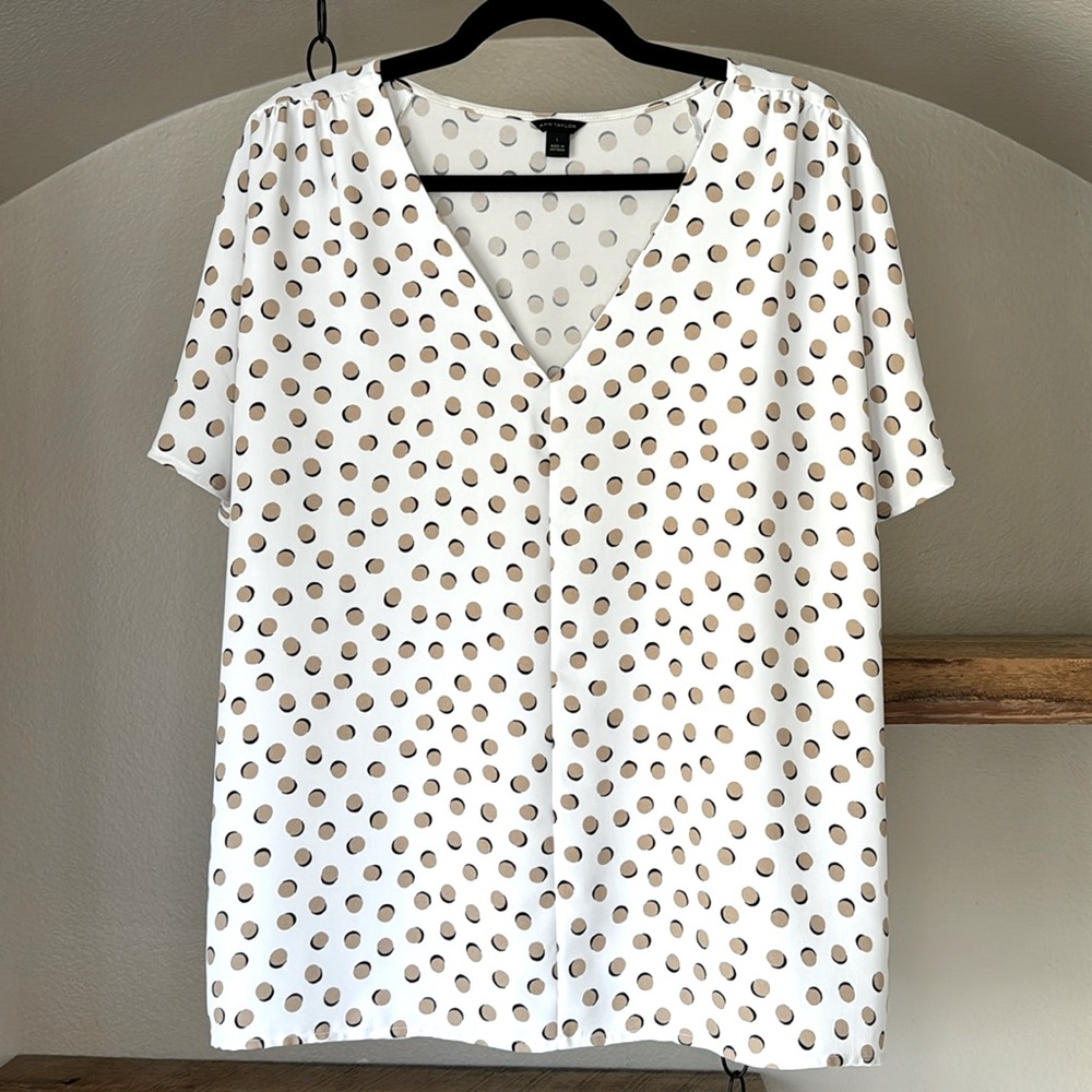 Ann Taylor White and Brown Polka Dot Blouse